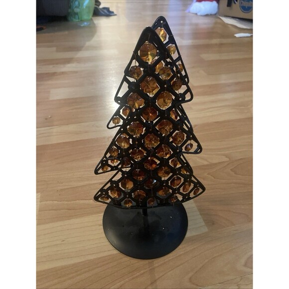 Christmas Metal Candle Holder Dual Trees w/ Amber Beads Holiday Votive Decor - Picture 1 of 6